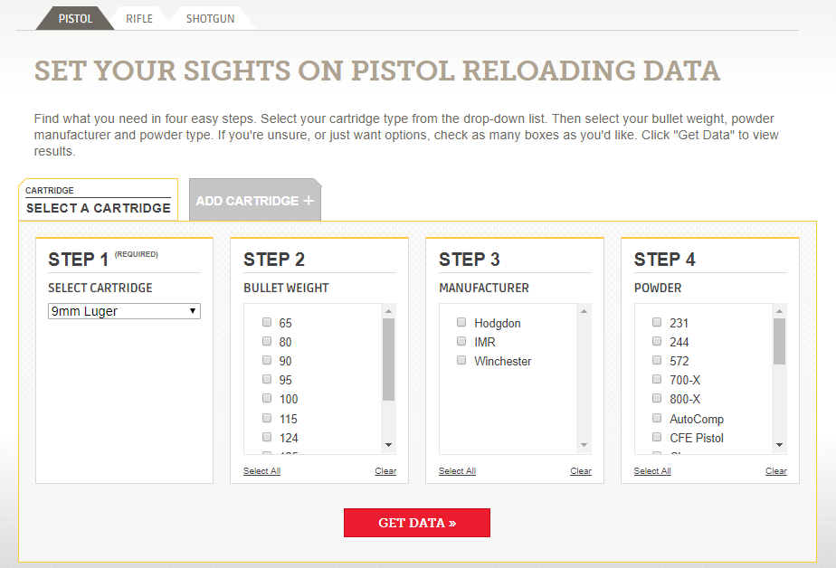 Hodgdon Reloading Data Center Pistol Reloading Data Tool